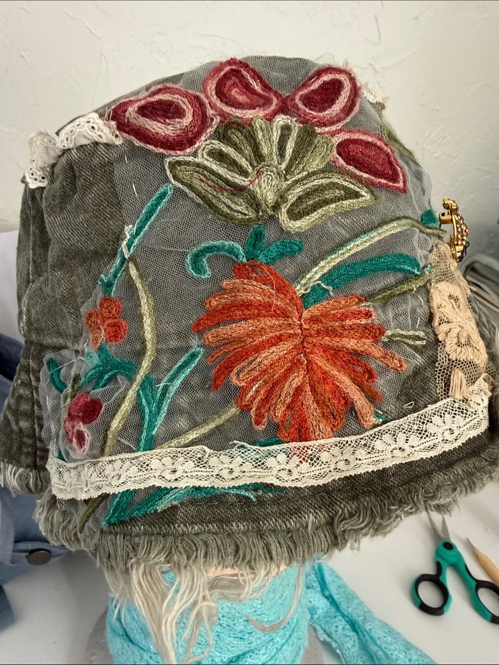 Upcycled Boho Green Wash Bucket Hat One Size